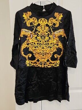 NWOT 100% Silk Black Dress with Ornate Gold Baroque Print